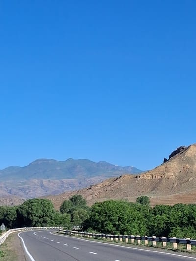 The image shows a scenic view of a road winding through a landscape in Malishka, Armenia. The foreground features a paved asphalt road with white and dashed white lines marking the lanes. A guardrail with concrete posts and reflective elements runs along the side of the road. Lush green trees and vegetation line the lower portion of the image, creating a vibrant contrast with the arid mountains in the background. The mountains are characterized by rugged terrain and appear to be layered, with some sections exhibiting rocky outcrops. The sky above is a clear, bright blue, indicating a sunny day. The overall impression is one of a rural or semi-rural setting with a focus on natural beauty and infrastructure.
