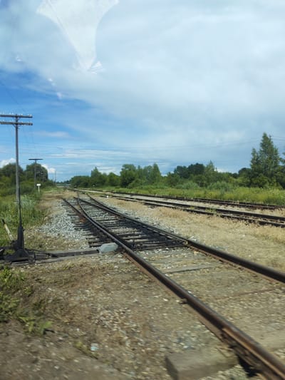 This media file shows a railroad track junction under a cloudy sky. The foreground features a switch for the tracks, with gravel ballast and sparse dry grass. The railroad tracks themselves are made of dark metal and extend into the distance, splitting and converging at the junction. Beyond the tracks, a dense line of green trees forms a natural barrier. In the background, a few tall, thin trees poke above the treeline. A utility pole with crossbars and wires is visible on the left side of the image, suggesting the presence of power or communication lines. The sky is filled with white and gray clouds, indicating overcast or partly cloudy weather, possibly during the daytime. The overall scene is rural and industrial, with the focus on the infrastructure of the railway. There is no visible text.