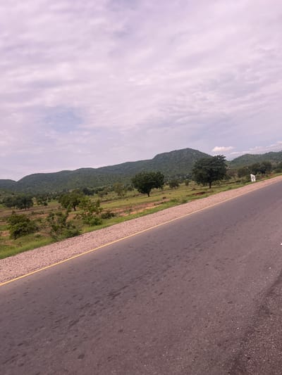 The media file captures a roadside view of a rural landscape in Minda, Nigeria. The primary subjects are a paved road stretching diagonally across the frame, a grassy embankment with scattered trees and vegetation, and a gently rolling, tree-covered hill in the background. The sky is overcast with soft, wispy clouds, suggesting a daytime scene with diffused light, possibly late afternoon.
The activity depicted is passive; it's a static view of a landscape. There's no movement or explicit event happening. The notable details include the texture of the asphalt road, the gravelly shoulder with a yellow line marking the edge, and the lush green of the natural scenery. The hill appears to be a significant geographical feature, covered in dense foliage.
A white sign with some black markings is partially visible on the left side of the road, near the embankment. While the text on the sign is not entirely legible, it appears to be a marker of some kind, possibly a distance or information post. The overall mood is serene and natural, emphasizing the expanse of the land and the open sky. The lack of any structures or people suggests a remote, undeveloped area. The image orientation is portrait, with the scene appearing tilted.