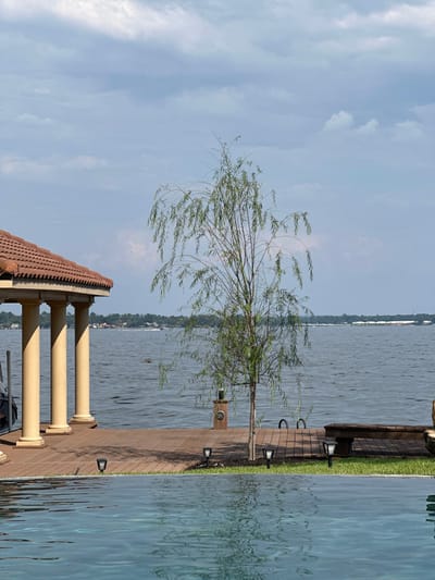 An outdoor scene in Montgomery, United States, depicts a waterfront property under a partly cloudy sky. The lower foreground is occupied by the light blue, rippled surface of an infinity pool. Immediately beyond, a patch of green grass to the right and a light brown wooden deck extend. Three black solar-powered path lights are visible on the grass and deck. On the left side of the deck, a covered boat dock or gazebo structure is visible, featuring a reddish-brown tiled roof supported by three cream-colored, fluted columns. A boat lift mechanism is partially discernible behind the leftmost column. Centered on the deck stands a slender deciduous tree with light green, pendulous leaves. To the right of the tree, a low wooden bench and two black mooring cleats are positioned on the deck near the grass. A wide, rippled body of water, consistent with a large river or lake, occupies the midground, with a small boat leaving a white wake visible in the left-mid distance. The distant shoreline across the water displays green foliage and indistinct light-colored structures. The sky above is pale blue with scattered white clouds. No individuals are present.