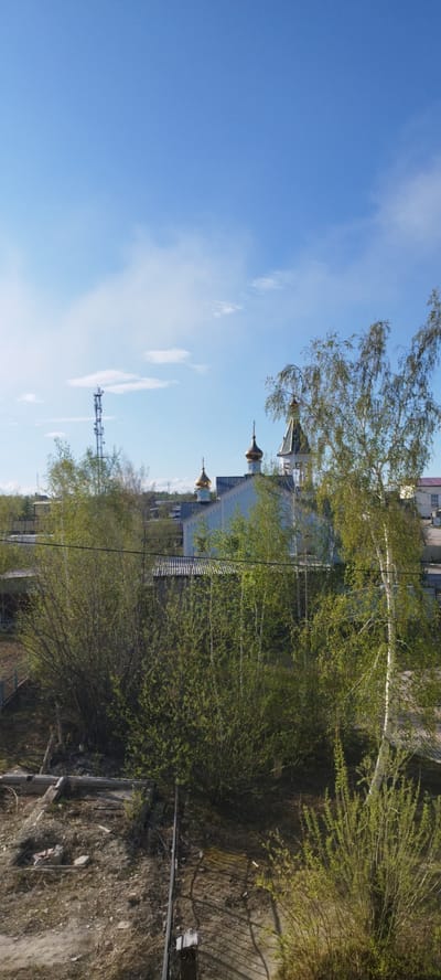 The scene, likely in Mokhsogollokh, Russia, shows a view through trees and scrub toward a light-colored building with a blue roof and gold domes, possibly an Orthodox church. A tall telecommunications tower is visible in the background, to the left of the church. The foreground is a rough, uneven ground surface. The sky is blue with some light clouds.