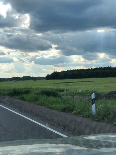 This image captures a rural landscape near Dyatlitsy, Russia, seen from inside a vehicle. The scene is dominated by a wide, flat, green agricultural field that extends from the mid-ground to a dense treeline forming the horizon. Above the treeline, a power line tower is faintly visible in the distance.
To the right of the field, an asphalt road runs parallel to the agricultural land. It features a distinct solid white line marking its edge, separating it from a gravel shoulder. Beyond the gravel, a strip of tall green grass grows, and a white and red reflective road marker post stands prominently within this grassy area. The far right edge of the image shows a reflection, likely from the vehicle's interior or window frame.
The sky overhead is dramatic, filled with heavy, dark grey clouds, but also features bright patches where sunlight breaks through, casting visible rays onto the scene. This suggests dynamic weather, possibly a clearing storm or a late afternoon/early evening setting with striking light. No people are visible, and there is no discernible text. The overall setting is one of expansive nature and open road.