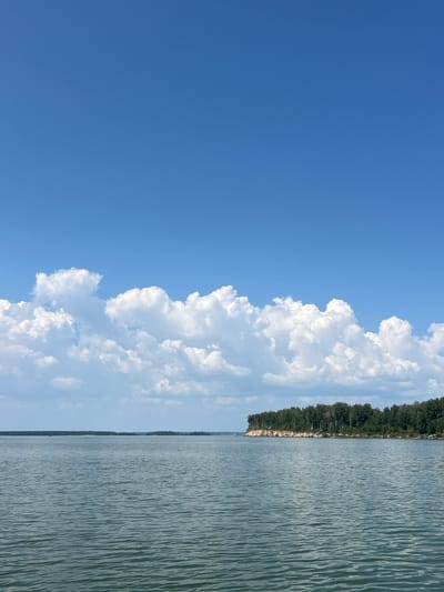 A wide, still body of water stretches across the foreground, reflecting the bright blue sky and a line of fluffy white clouds. The water exhibits gentle ripples, suggesting a calm day. In the mid-ground, a tree-lined shore juts out into the water, forming a prominent peninsula. The trees are dense and green, with a sandy bluff visible beneath them on the edge of the water. The sky is a vivid blue, occupying the upper half of the image, with the clouds forming a soft, undulating band across the horizon. The scene is tranquil and natural, suggesting an outdoor, recreational setting. This scene is located on the Ob River near the village of Bystrovka, Novosibirsk Oblast, Russia.