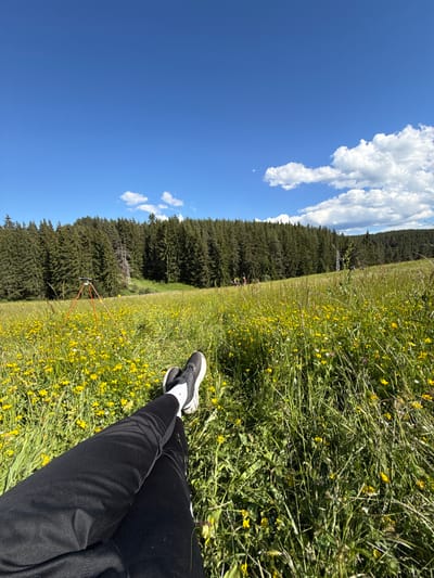The image depicts a person's legs and feet, clad in black leggings and black and white sneakers, crossed and resting in a field of tall green grass dotted with small yellow wildflowers. The perspective is from a low angle, looking upwards. In the mid-ground, a tripod with an orange base and a device on top is visible amongst the wildflowers. Further in the background, a dense forest of evergreen trees lines a hillside under a bright blue sky with scattered white clouds. The location is Yundola, Bulgaria. The scene appears peaceful and natural, with the person seemingly relaxing outdoors.