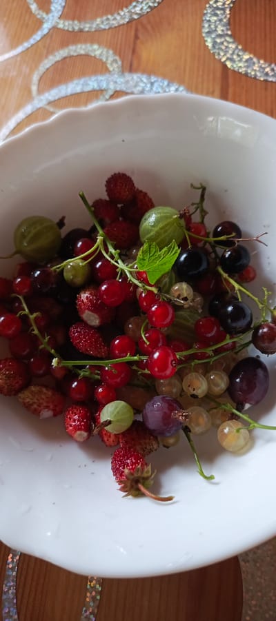 A close-up, overhead shot shows a white bowl filled with a variety of berries, including red currants, black currants, gooseberries (both green and white/yellow), and wild strawberries. The berries are wet and appear to have been recently washed. The bowl is placed on a wooden surface with a decorative, shimmering, holographic material bordering the top. The scene is indoors.