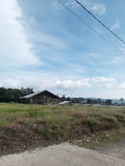 A rural landscape shows a partially constructed building with a basic frame and roof amidst tall grass. Houses and vegetation fill the background under a bright, cloudy sky. Power lines stretch across the upper portion of the image. The foreground reveals a concrete road or path transitioning into the grassy area. The color palette consists of blues, greens, browns, and grays, creating a natural setting.