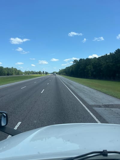 The image captures a perspective from the driver's seat of a vehicle, looking down a highway in Riceboro, United States. The road is asphalt with visible white lane markings. To the right of the road is a grassy shoulder followed by a dense line of dark green trees. To the left of the road, there is a grassy median separating the lanes of oncoming traffic. In the distance, several vehicles are visible on the highway. The sky is bright blue with scattered white clouds. The hood of the vehicle and a side mirror are visible in the foreground.