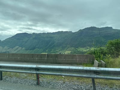 A view from a vehicle traveling on a road in Håland, Norway, captures a scenic mountainous landscape under a cloudy sky. In the foreground, a metal guardrail runs horizontally across the frame, with a gray concrete barrier behind it. The ground consists of asphalt, gravel, and patches of green grass and vegetation.

The background is dominated by a large, verdant mountain range. The slopes are covered in dense green foliage, with hints of cleared areas and small buildings scattered across the lower slopes and in the valley beyond. The sky is overcast with heavy, gray clouds, suggesting a possibly cool or damp day. The lighting is diffused, casting a soft, even light on the scene.

There is no visible text in the image. The overall impression is one of a vast, natural landscape viewed from a roadside, likely during daylight hours given the visibility, but with subdued natural light due to the cloud cover.