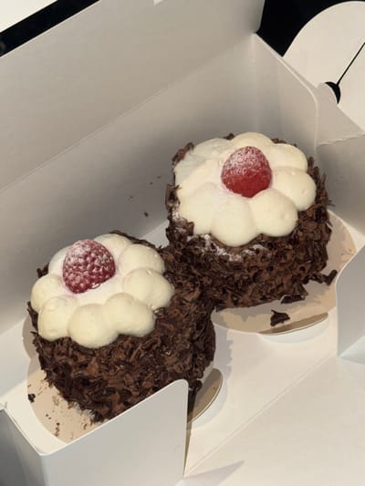 Two individual chocolate cakes are contained within a white cardboard take-out box. Each cake is cylindrical, approximately three inches in diameter, and coated on its sides with dark chocolate shavings. The top of each cake features a circular arrangement of seven white cream dollops, resembling flower petals, with a single red berry (identified as a raspberry or small strawberry) positioned centrally and lightly dusted with powdered sugar. The cakes are separated by a white cardboard divider within the box. The box's lid is partially open, revealing a black interior surface on the upper right with a white stylized graphic, possibly a clock hand or logo component. No individuals are present. This scene is located in Namyangju-si, South Korea.