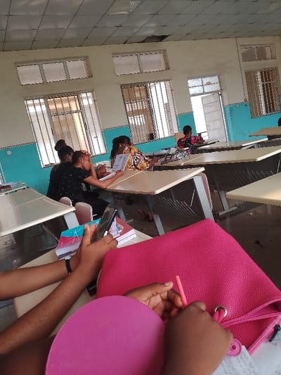 The image shows a classroom in Ogboko, Nigeria. Several students are seated at desks. Some appear to be studying or reading documents. At least two students are holding or interacting with phones. In the foreground, a pink bag is prominent on one of the desks. The classroom has windows with bars and a door visible in the background. The walls have a two-tone color scheme of white and blue.