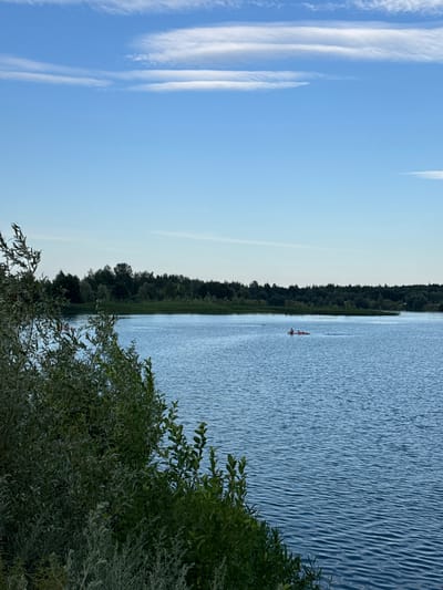 This vertical, wide shot captures a serene natural scene with a lake and sky. The left half of the image is dominated by a clear blue sky with wispy white clouds streaking across it. The right half depicts a calm, rippling blue lake. A dense, dark green treeline borders the far side of the lake, suggesting a wooded area. In the foreground, on the right, lush green foliage from bushes and trees obscures the lower portion of the scene.
On the lake, two small, red kayaks are visible, each with at least one person. One kayak is closer to the shore, while the other is further out. The presence of the kayaks and people suggests recreational activity, likely kayaking or canoeing. The overall mood is peaceful and tranquil. The lighting suggests it is daytime, possibly late afternoon or early evening, given the soft light and clear sky. The location is identified as Zaosinovo, Russia, which aligns with a natural landscape featuring a lake and forest. There is no visible text in the image.
