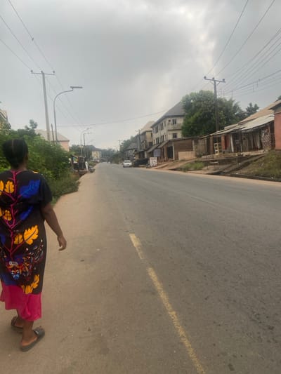 A slightly tilted view shows a woman in patterned clothing on a grey road. Buildings line the road's left, with overhead power lines visible. A yellow line mark appears on the street. In the distance, vehicles are visible. The sky is overcast and grey, creating a somber ambiance. The road seems to stretch ahead, presenting a perspective of linear travel.