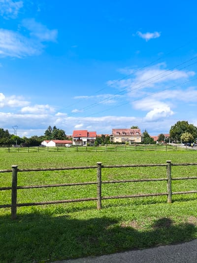 The image depicts a rural-suburban landscape in Oberschaeffolsheim, France, under bright daylight. In the foreground, a multi-rail wooden fence with vertical posts runs horizontally, separating the viewer from a large, verdant grass field. Shadows are cast onto the immediate foreground grass from an unseen source to the left. In the midground, the expansive green field is visible, with a second, similar wooden fence line positioned further back within the field. The background features a cluster of residential and ancillary buildings, including a white single-story structure with a reddish roof, a two-story red-roofed house, and a larger multi-story, light-colored building with a red-tiled roof. A treeline flanks these structures, and a paved road with parked vehicles is discernible on the far right. A blue lattice-structure electricity pylon is visible on the far left, partially obscured by trees. Overhead, multiple parallel power lines traverse a clear blue sky, which contains scattered white cumulus clouds. No individuals or animals are visible, and no discernible actions or interactions are occurring.