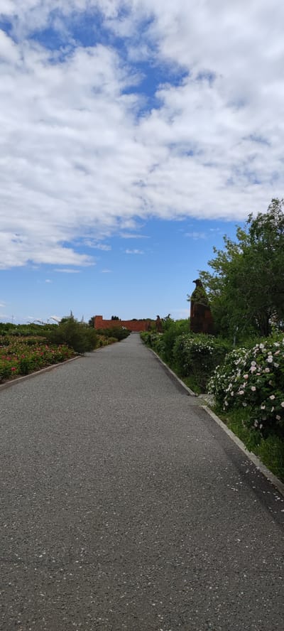 The image shows a pathway leading towards a memorial complex in Araks, Armenia, under a partially cloudy sky. The pathway is paved with asphalt and flanked by flower beds and shrubbery on both sides. To the right of the pathway is a large sculpture resembling an eagle or similar bird of prey. In the distance, the memorial complex is visible, constructed from reddish-brown materials. No people are visible in the image. The surroundings appear to be well-maintained.