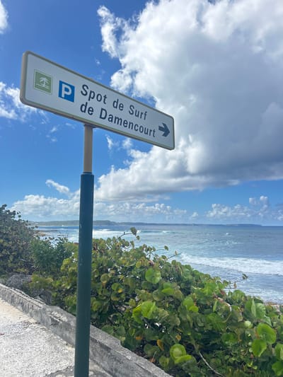 The image displays a coastal scene in Le Moule, France, under a partly cloudy sky. A white rectangular directional sign, bordered in light brown, is prominently mounted on a dark green pole in the left-center. The sign features a green palm tree icon, a blue 'P' parking symbol, and the text "Spot de Surf de Damencourt" in black, followed by a black right-pointing arrow. In the foreground, a gray concrete barrier or wall runs horizontally, bordering an unpaved path. Below and to the right of the sign, dense green coastal vegetation with round leaves covers the immediate slope leading to the ocean. The middle ground and background consist of the ocean with visible waves, suggesting active surf. Several small, dark figures, consistent with surfers or individuals in the water, are discernible amidst the waves. Distant landmasses, appearing as hills or cliffs, are visible on the horizon across the water. The sky is marked by patches of blue and numerous large white cumulus clouds.