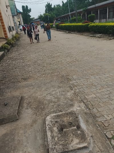The image displays an outdoor scene within the city of Choba, Nigeria, characterized by a paved thoroughfare flanked by buildings and vegetation under an overcast sky.

In the immediate foreground, two rectangular, weathered concrete access covers are visible, set into an uneven concrete surface. One cover exhibits two rust-colored metallic studs. This concrete transitions into an interlocking paver surface that forms a pathway or road extending into the distance.

On the left side of the scene, a multi-story building with a light-colored facade, brown trim, and several external air conditioning units is present. Green foliage lines its base.

On the right side, a long, low-rise building with multiple window openings is situated behind a manicured hedge of green bushes.

Approximately 15 to 20 individuals are present on the paved path. Three women are prominent in the midground, walking generally towards the viewer's left:
1.  A woman wearing a dark top, dark shorts, and sandals, carrying a dark bag.
2.  A woman wearing a light-colored short-sleeved top and dark pants, carrying a dark handbag.
3.  A woman wearing a brown long-sleeved top and light blue jeans.
All individuals appear to be in transit.

In the background, a dense cluster of tall green trees dominates the skyline. A white vehicle is partially visible further down the path on the left, and a street light pole rises on the right side of the path in the mid-distance. The sky is uniformly light gray.