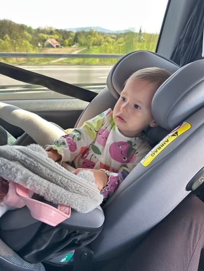 A baby is seated in a gray car seat in a vehicle. The child is wearing a long-sleeved shirt with fruit designs and light-colored leggings. A gray zippered blanket and a pink handbag are on the baby's lap. The car window shows a blurred landscape, including green trees and fields. The exact location is impossible to determine.