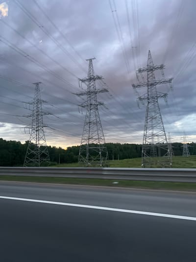 The image depicts a landscape scene featuring multiple electricity pylons and power lines under a cloudy sky. In the foreground, a highway lane with a white dividing line is visible, separated from the background by a guardrail. The middle ground shows a grassy field with more electricity pylons stretching into the distance. A dense forest line forms the backdrop, with a hint of sunset colors in the sky behind the trees. The overall impression is one of a rural or semi-rural area, likely on the outskirts of a city. While the prompt specifies the location as Zanevka, Russia, this information cannot be visually confirmed from the image content alone.