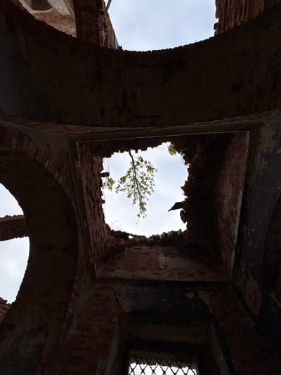 The image captures an upward view from within a large, ruined brick structure, likely the interior of a dilapidated building or an abandoned edifice in Staroe Rakomo, Russia. The perspective looks towards the ceiling, which has largely collapsed.
The dominant subjects are the heavy brickwork, primarily in deep shadow, forming arches and the remnants of a ceiling, and the bright, overcast sky visible through large openings. The brick walls exhibit signs of significant decay, with crumbling edges and exposed mortar.
Central to the composition is a large, irregular hole in what was once the roof or upper ceiling. Through this opening, a small tree or large bush with green leaves and branches is prominently seen, growing within or near the structure and reaching towards the sky, symbolizing nature's resilience.
Several shadowed archways are visible in the lower parts of the frame, framing glimpses of the outside world or other sections of the ruin. In the upper right, a faint lattice or grate pattern can be observed against the brighter background, possibly indicating a former window opening.
The scene depicts a static moment of decay and natural reclamation. The bright, diffuse light suggests it is daytime under cloudy or overcast skies, as no direct sunlight is visible. There are no people, no discernible activity, and no visible text in the image. The overall atmosphere evokes a sense of abandonment and historical significance.