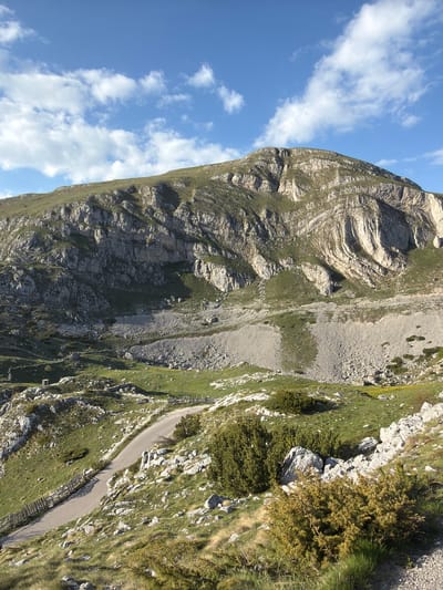 The image shows a mountain landscape in Boričje, Montenegro. A rocky mountain slopes upwards, partially covered with vegetation and a scree slope. To the right, a winding road is visible, edged by a wooden fence in some sections. The sky is blue with scattered clouds.