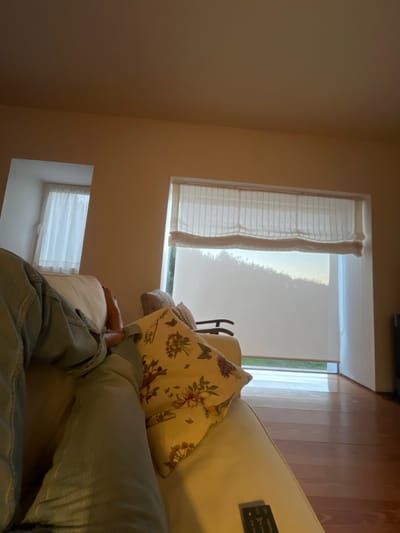The image depicts an indoor domestic scene, specifically a living area, located in Oliveira de Frades, Portugal. The lower body of an individual, dressed in light blue denim trousers, is positioned on a light-colored, upholstered couch, with bare feet visible in the upper left section of the frame. A decorative pillow, featuring a floral and butterfly pattern on a light background, rests on the couch between the individual's legs and the camera. A dark-colored remote control is visible on the couch cushion in the bottom right corner.

The room is illuminated by natural light entering through two windows on a light beige wall. The larger window on the right features a partially lowered cream-colored Roman blind and a fully lowered opaque white roller blind, which obscures the lower portion of the exterior view but reveals green foliage outside. The smaller, recessed window on the left is adorned with sheer white curtains. The floor consists of polished wooden planks, reflecting light from the windows. A dark chair or furniture piece is partially visible through the larger window.