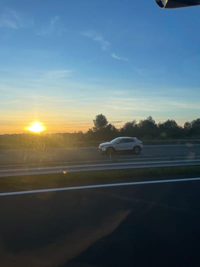 The image depicts a highway scene near La Palme, France, at either sunrise or sunset. A light-colored Volkswagen T-Roc SUV is in motion, traveling from left to right on the far lane of a multi-lane asphalt highway. The SUV is positioned between two parallel metal guardrails. The sun, a bright orange-yellow disc, is situated low on the left horizon, emitting intense light that creates a significant glare across the lower left quadrant of the frame and illuminates the distant, flat landscape. A dense treeline, characterized by dark green foliage, runs along the right side of the highway in the midground. The sky transitions from vibrant orange and yellow near the horizon to a clear blue overhead, with a few wispy white clouds present. The immediate foreground displays a dark asphalt road surface with discernible white lane markings, including a solid line and a dashed line. A dark, undefined shadow occupies the bottom right portion of the foreground. No individuals are visible in the scene.