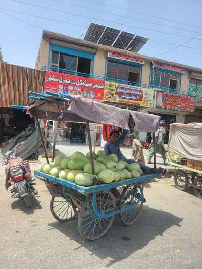 This media file captures a street scene in Saranan, Pakistan. The primary subjects are a man pushing a cart filled with green, elongated fruits, likely gourds or melons, and other individuals in the background, some of whom appear to be shopkeepers or customers. The cart is blue and has several spoked wheels. It's covered partially by a striped awning. Behind the cart, there's a multi-story building with various shops. One shop sign, in English and Urdu, reads "MUHEEB SWEETS & BAKERS". Another sign, also in English and Urdu, indicates a "GENERAL STORE AND WHOLESALE DEALER". Solar panels are visible on the roof of one of the buildings. A motorcycle is parked near the cart. The scene suggests a bustling marketplace during daytime, with the bright sunlight casting shadows on the asphalt road. The overall atmosphere seems ordinary and typical of a local commercial area. The text visible includes shop names, phone numbers, and general store descriptions in both Urdu and English.