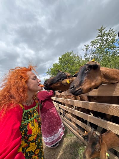 In a fenced enclosure, a woman with long, bright orange curly hair is feeding a carrot to a brown goat. The woman wears a red garment and a floral apron with yellow and red flowers. Behind her, a person in a red dress stands next to the fence. The goats, some with yellow tags, are reaching over the wooden fence to eat. The scene appears to be outdoors with a cloudy sky and trees in the background, suggesting a rural or farm setting in Tri Ozera, Russia.