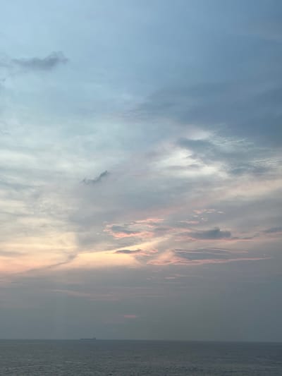 The image depicts a vast, overcast sky over a calm body of water. The sky displays a gradient of pale blues and grays, with streaks of soft pink and white clouds scattered throughout. The clouds are wispy and varied in texture, with some appearing thin and translucent while others are more dense. In the distance, a faint, dark silhouette of a large vessel, possibly a cargo ship or tanker, is visible on the horizon, just above the water line. The water itself is a muted gray, reflecting the dullness of the sky. The overall impression is one of a serene, possibly twilight or early morning scene, with no people or specific landmarks visible to indicate a precise location within a city.