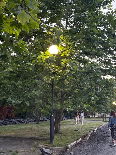 The image shows a park scene with lush green trees and a pathway. Three women are visible in the background, two standing closer together and one further away and partially obscured. The woman in the foreground is wearing a blue denim jacket and a floral print skirt. The two women in the middle are wearing light-colored clothing, possibly linen pants and tops. They appear to be socializing.
A street lamp with a glowing bulb is prominent in the foreground, positioned amidst the dense foliage of a large tree. The leaves of the tree are a vibrant green, with some sunlight filtering through, suggesting it is either early morning or late afternoon. The pathway behind the women is covered with gravel and bordered by low stone edging, leading into a grassy area. The overall atmosphere appears relaxed and casual. The ground is somewhat damp, indicating recent rain or dew. The location is identified as Otf Kaktugay, Russia.