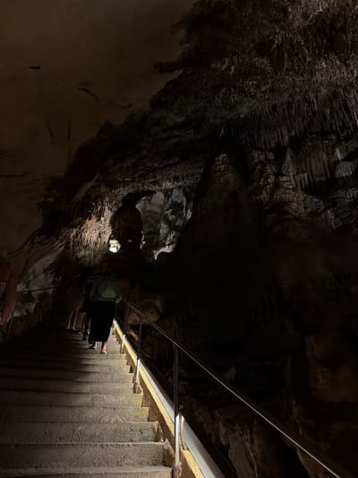 The image captures a dimly lit interior, likely a cave, in the city of Manacor, Spain. The foreground features rough, textured walls and stalactite formations, typical of cave environments. A set of stone steps, partially illuminated by artificial lighting, descends into the depths of the cave. A metal railing runs parallel to the stairs, providing support. Several people can be seen walking down the stairs, their forms silhouetted against the ambient light. The overall environment is dark and rugged, with a focus on the natural geological formations of the cave.