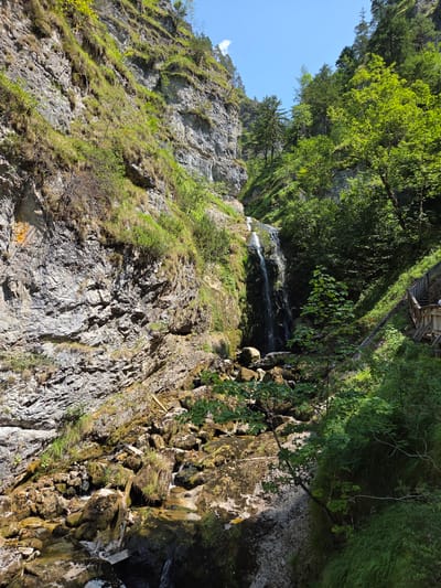 This image depicts a natural scene featuring a waterfall cascading down a rocky gorge. The gorge is flanked by steep, grey, rocky cliffs partially covered with green vegetation. Dense green trees and foliage line the upper edges of the gorge and the surrounding slopes. A wooden staircase, with railings, is visible on the right side of the image, ascending the hillside next to the gorge. The bottom of the gorge is filled with rocks, some moss-covered, and a body of water where the waterfall empties. The sky above is a clear blue with a few wisps of white clouds. The overall impression is a lush, natural landscape with a maintained pathway for visitors. This scene is likely located in the Klettersteig Wasserfall in Landl, Austria, a popular natural attraction.