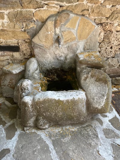 This is a medium-shot, eye-level photograph of an old stone fountain located in the courtyard of the St. Nicholas Church in Zheravna, Bulgaria. The fountain is constructed from roughly hewn, weathered stone blocks, forming a basin with a tap at the top. The stone is partially covered in moss and lichen. The basin of the fountain is dark and appears to be filled with water and organic debris. The surrounding wall is made of irregular stone blocks. Scattered yellow flower petals are visible on the fountain and the stone-tiled ground. The image is brightly lit, suggesting daylight. There are no people present in the scene.