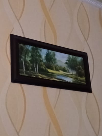 An oil painting depicting a serene landscape is framed in a dark, rectangular frame. The artwork portrays a body of water in the foreground, reflecting the sky and surrounding trees. The background features rolling hills covered with lush greenery. The painting is mounted on a wall with a textured wallpaper featuring a subtle, wavy pattern in beige and cream tones. The lighting in the scene is diffused, suggesting an indoor environment. The specific location within the city of Luhansk, Ukraine, cannot be determined from the provided image.