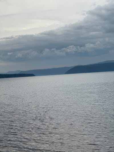 A serene landscape photograph captures a vast body of water, likely a river or lake, under a cloudy sky. The water exhibits a gentle ripple, reflecting the subdued light. In the distance, a tree-covered shoreline forms a dark, verdant line against the horizon, followed by rolling hills that fade into a soft blue haze. The sky is a canvas of gray clouds, with some areas appearing brighter, suggesting diffused sunlight. The scene conveys a sense of tranquility and natural beauty. The location is specified as Burdakovka, Russia.