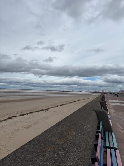 The image depicts a wide, sandy beach in Wallasey, United Kingdom, under a cloudy sky. In the foreground, a textured, dark grey concrete sea defense wall curves into the distance, with a series of brightly colored benches attached to its side. These benches are painted in various shades of pink, blue, and green. Beyond the wall is the expanse of the beach, showing ripples of sand and scattered dark seaweed. Further in the distance, across a vast expanse of water or sand at low tide, a city skyline is visible, characterized by numerous cranes and shipping containers, suggesting a busy port. A road runs alongside the sea defense wall, with a few cars visible. The overall scene is overcast and suggests a typical day at a coastal urban environment.
