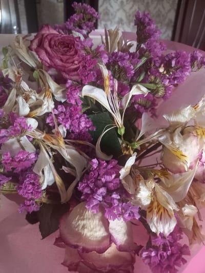 The image displays a close-up view of a dried bouquet of flowers, predominantly featuring purple statice and white and pink roses. The flowers are arranged on a soft pink background, possibly paper or fabric. Some of the flowers show signs of wilting and drying, with curled petals and faded colors. The lighting is subdued, casting soft shadows and highlighting the textures of the dried flora. The background is blurred, suggesting a shallow depth of field, and appears to be an indoor setting with hints of furniture and patterned wallpaper. There are no people or any specific identifiable landmarks of Bekabad, Uzbekistan present in the image.