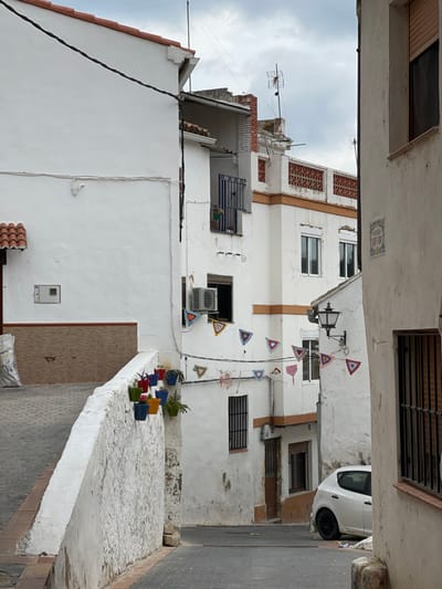 This image depicts a narrow, sloping street in Buñol, Spain, characterized by closely packed, predominantly white stucco buildings under an overcast sky.
In the foreground on the left, a whitewashed, sloped stone or concrete retaining wall runs parallel to the viewer, adorned along its top edge with a series of approximately nine brightly colored plastic flower pots (red, green, blue, yellow, purple, black, teal) containing small green plants. Behind this wall, an upward-sloping paved area is visible, leading to the base of a building where a large white sack (possibly containing construction material) rests. The leftmost building features a clean white facade with a red-tiled roofline and a lower section clad with light brown tiles. A dark electrical cable stretches across its upper wall horizontally, then vertically downwards, and a white utility box is mounted on its lower section.
The street itself is paved with dark grey asphalt. Towards the center, multiple white buildings line the descending street. One prominent building on the left features a second-story balcony with blue vertical bars and a potted plant. Below this, an open window has an external air conditioning unit mounted above it. A string of colorful, triangular, crochet-style pennants or bunting, some with circular, dreamcatcher-like patterns, is strung across the street, attaching to this building and extending to the right. Further down the street, another window with dark vertical bars is visible on the same building, alongside a dark brown wooden door.
On the right side of the street, a light-colored building with a textured facade features a window with dark vertical bars. A ceramic tiled street sign or plaque with blue lettering is affixed to its wall. An ornate, dark-colored street lamp with a frosted glass globe is mounted on a building wall further back on the right. Above this, a building exhibits a decorative terracotta-colored lattice pattern along its rooftop, and various rooftop antennae are visible against the grey sky.
A white compact car, possibly a SEAT Ibiza, with black wheels is parked on the right side of the descending street, facing away from the viewer, partially obscured by the foreground building on the right. No people are visible within the scene. The overall impression is a quiet, residential urban environment.