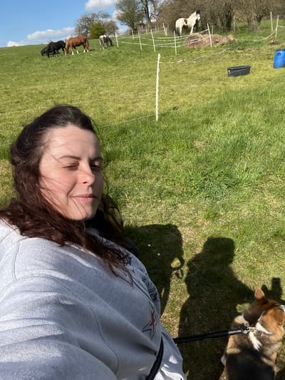 A person lies on a grass field, facing the camera, with their eyes closed. They wear a grey hoodie. A dog is visible at the top right corner, with a leash attached. In the background, a field is visible with several horses grazing behind a white fence. A blue barrel and a black object are present in the upper left of the image. The sky is partially visible in the lower left corner. The location is presumed to be in Waldgrehweiler, Germany, based on the user's prompt.