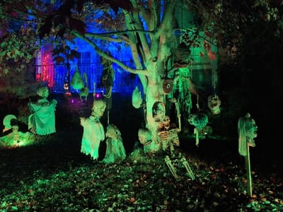 A spooky outdoor Halloween display features hanging heads, severed torsos, and a skeleton propped up against a tree. Green and blue lighting casts eerie shadows. The tree is adorned with props, adding to the macabre scene. In the background, a house is visible with more Halloween decorations. The ground is covered in leaves, completing the haunted atmosphere.