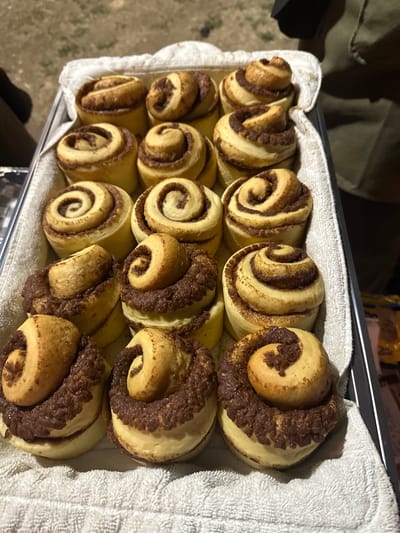 A baking sheet lined with a white towel contains 15 cinnamon rolls. The rolls are arranged in three rows of five. The rolls on the left and in the middle are light brown with cinnamon swirls. The rolls on the right are darker brown with a rougher texture, possibly indicating a different topping or cooking time. The scene appears to be indoors, with a neutral-colored wall or surface in the background. There is no evidence to suggest the location is Mérida, Mexico.