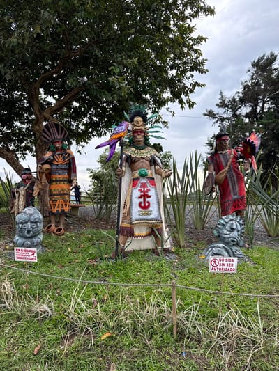 The scene depicts an outdoor sculptural installation located in the Area Metropolitana Centro Occidente (AMCO), Colombia. The ground is covered with green grass, sectioned by a thin rope barrier extending across the lower foreground.
Five human-like statues, appearing to represent pre-Columbian figures, are displayed.
From left to right:
1. A dark-toned statue with a large, fan-shaped headdress, wearing a tunic with horizontal bands of orange, brown, and black. It holds a small, light-colored, basket-like object in its left hand. Two small, reddish-brown clay pots are positioned at its base. A grey, stylized head sculpture rests to its left.
2. A smaller, darker figure is partially visible behind the first, featuring a peaked head covering.
3. The central and largest figure, a light-skinned statue, wears an elaborate multi-tiered headdress with green and black plumes, a gold-colored facial adornment, a prominent necklace, chest armor, armbands, and a white skirt or loincloth featuring a large, red, stylized anchor-like symbol. A white cape extends from its shoulders. This figure holds a staff topped with a large, multi-colored parrot sculpture (purple, orange, yellow).
4. To the right of the central figure, a dark-skinned statue is dressed in a red tunic with black geometric patterns and a feathered headpiece. It holds a round object, possibly a shield, in its left hand and a colorful bird (red, orange, black) in its right. A grey, stylized head sculpture with an open mouth is at its base.
Two white signs are present in the foreground. The left sign states: "POR SU SEGURIDAD ESTE LUGAR ESTÁ MONITOREADO POR CAMARAS DE VIGILANCIA" (For your security, this place is monitored by surveillance cameras). The right sign reads: "NO SIGA SIN SER AUTORIZADO" (Do not proceed without authorization), accompanied by a red circle-slash symbol over a stick figure.
The background features dense green foliage from various trees, including a large deciduous tree canopy partially obscuring the leftmost statues. Further back, tall, slender green plants are visible, along with additional trees. A single human figure, dressed in dark attire, is partially visible in the distant background, standing near a light-colored bench or structure and facing away from the camera. The sky is overcast with a uniform grey cloud cover.