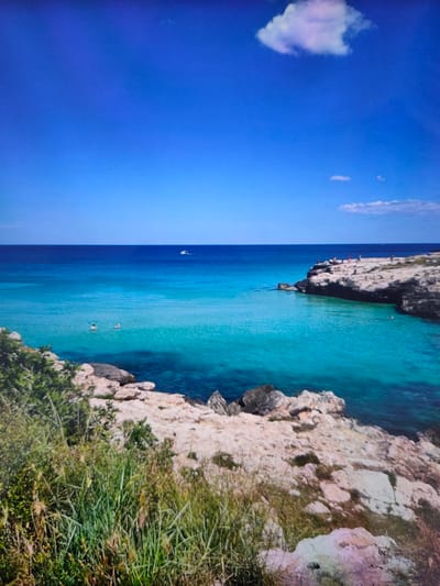 The image depicts a coastal scene with a bright blue sky and clear turquoise water. In the foreground, there is a rocky shoreline covered with green vegetation. The water is calm and appears shallow near the shore, with some rocks visible beneath the surface.
Further out in the water, several people are swimming or wading. A small white boat is visible in the distance on the horizon. On the rocky outcrop to the right, a group of people are gathered, some appearing to be standing or sitting. A single white cloud is present in the upper right portion of the sky.
This image does not depict any part of the city of Zrenjanin, Serbia. Zrenjanin is an inland city in Vojvodina, Serbia, and does not have a coastline.