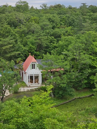 The image captures a charming, white, two-story house with a bright red, gabled roof, nestled amidst lush green trees in the city of Nagakute, Japan. The house features large windows and a covered porch area with glass doors, offering a glimpse of the interior which appears to contain furniture. A person is visible walking on a path near the house. To the right of the house, a body of water covered in lily pads is visible, bordered by a wooden fence. The scene is dominated by dense foliage, indicating a natural, possibly park-like, environment. The sky above is overcast.