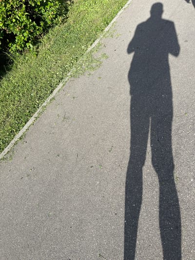 A shadow of a person is cast on a paved surface, possibly a sidewalk or path, in Захарьино, Russia. The shadow is long, indicating the sun is low in the sky, suggesting either early morning or late afternoon. The shadow depicts a full figure with distinct head, torso, and legs, indicating the person is standing upright. The paved surface appears to be asphalt, with some small pebbles and debris visible. To the left of the paved surface is a strip of green grass, some of which has been recently cut, with clippings scattered on the edge of the pavement. Behind the grass is a patch of green foliage, possibly bushes or dense ground cover. The overall scene is outdoors on a sunny day, as evidenced by the sharp shadow. There is no visible text in the image.