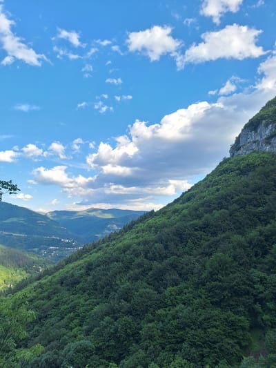 The image shows a scenic view of a mountainous landscape. The sky is blue with fluffy white clouds. A steep, green, tree-covered slope dominates the right side of the image. In the distance, layers of mountains can be seen. A settlement with clustered buildings is partially visible on the lower part of the slope. The image is taken at an angle, presenting a tilted perspective of the scene. While the location is specified as Zasele, Bulgaria, there is no information related to people, actions, or interactions of any kind visible in the image, or that could be inferred.