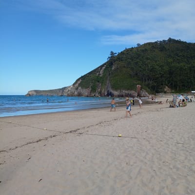 This media file depicts a scenic beach scene in Ribadedeva, Spain, under a clear blue sky with a few wispy clouds, suggesting pleasant weather. The time of day appears to be late afternoon, indicated by the warm, soft lighting casting gentle shadows on the sand.
The foreground is dominated by a wide expanse of light-colored sand, marked by a thin black cord with yellow buoys stretched across it, likely delineating a playing area or safety zone. Scattered dry leaves and seaweed litter the sand, hinting at the tide's recent presence.
In the mid-ground, several people are enjoying the beach. Some are wading or swimming in the gentle, blue-green waves of the sea. A few individuals are playing on the sand, including a man in blue shorts and a cap playing with a yellow ball, and a woman in a straw hat and blue dress walking near him. Other beachgoers are visible in the distance, some relaxing on the sand, others in the water.
The background features a dramatic, tree-covered hill that slopes down to the sea. Rocky cliffs and a cave-like opening are visible along the coastline, adding to the natural beauty of the location. The lush greenery of the trees contrasts with the rocky terrain and the blue of the sky and sea. In the far distance, a small structure, possibly a beach hut or cafe, is partially visible, indicating some development along the shore.
The overall atmosphere is one of relaxed recreation and enjoyment of a beautiful coastal environment. There is no visible text in the image.