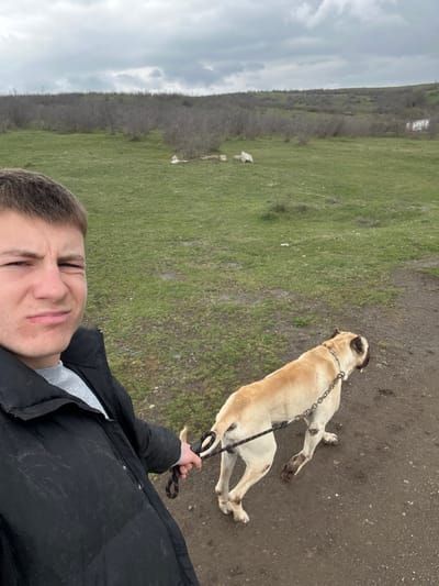 A person is taking a selfie outdoors with a large dog. The image is oriented vertically, showing the person's face in the lower right foreground, looking directly at the camera with a slight smirk or grin. They are wearing a dark, possibly puffy, jacket over a lighter grey top, and their right hand is visible in the lower center, holding a black and red patterned leash.

The leash extends to a large, fawn-colored dog that is lying on its side on a dirt path in the midground, facing away from the camera. The dog has a dark muzzle and ears and is wearing a chain collar. Its fur is light tan or cream-colored, with some darker markings visible on its legs.

The setting is an open, natural landscape. To the left of the dirt path, there is an expanse of green grass, dotted with a few lighter-colored rocks or stones. In the background, a long, low hill or ridge is visible, covered sparsely with what appear to be bare trees or bushes, suggesting a cooler season like late winter or early spring. The sky above the hill is overcast with gray clouds, indicating a cloudy day. The overall impression is a casual outdoor walk or outing between the person and their dog. There is no visible text in the image.