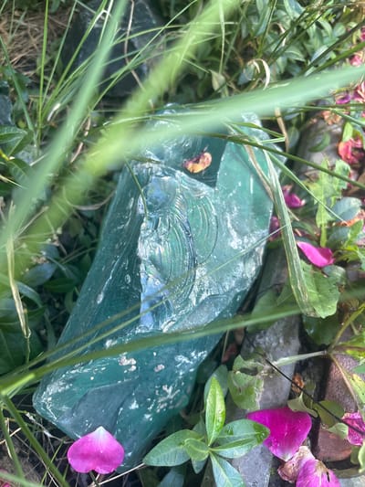An overhead shot captures a large, irregularly shaped, translucent green glass object nestled among lush green foliage and scattered pink flower petals. The glass exhibits a rough, fractured surface with visible texture and some lighter, cloudy inclusions. Several blades of green grass with fine striations are prominently positioned in the foreground, partially obscuring the glass object. Surrounding the glass are various green leaves, some with water droplets, and a scattering of bright pink petals, suggesting a garden or natural outdoor setting. The background consists of darker green leaves, dry grass, and what appears to be rough stone or concrete. No people or specific actions are depicted. The overall impression is one of natural decomposition or an artistic placement within a botanical environment.