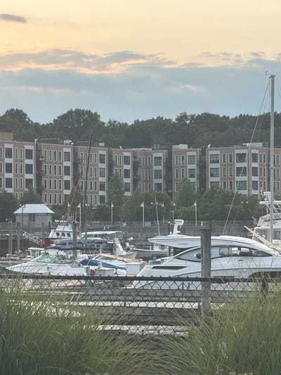 The image captures a waterfront scene with apartment buildings and boats. The apartment buildings are modern, with a light brown facade and numerous windows. In the foreground, several boats of various sizes are docked in a marina. Some of these boats are sleek, white motor yachts, while others appear to be smaller vessels. A chain-link fence with some green vegetation in front of it partially obscures the view of the boats. In the background, lush green trees form a dense line behind the apartment buildings. The sky is partially cloudy with soft, diffused light, suggesting it might be early morning or late afternoon. The overall impression is one of a serene, urban waterfront community.